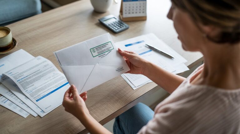 Particulier lisant un courrier recommandé des impôts avec relevés bancaires sur la table
