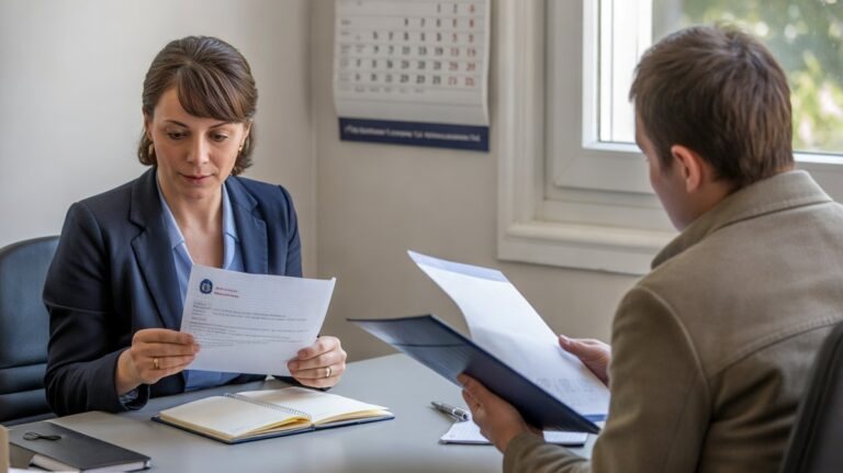 Avocate lisant une lettre recommandée lors d'une consultation gratuite au point-justice