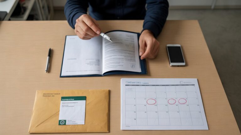 Bureau avec contrat d'assurance, lettre recommandée et calendrier aux dates entourées