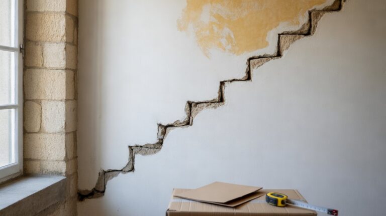 Fissure en escalier réapparue sous la peinture et auréole d'infiltration dans une maison ancienne